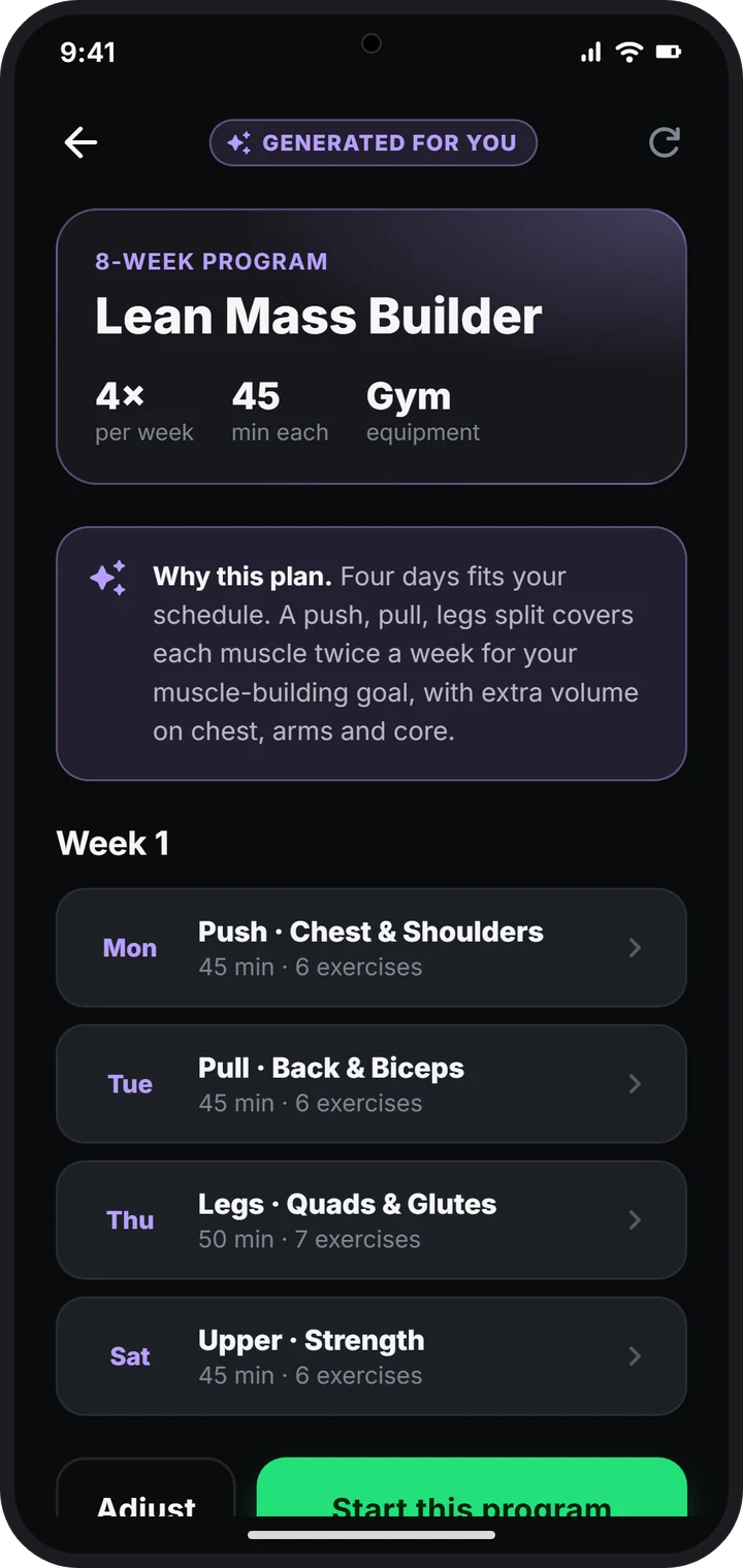 AI-generated 8-week program with the weekly schedule