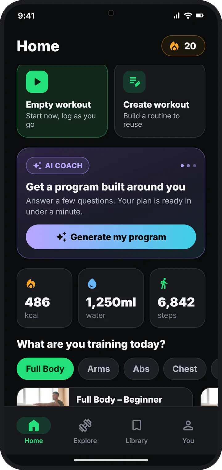 Home screen with the AI coach card and today's calories, water and steps