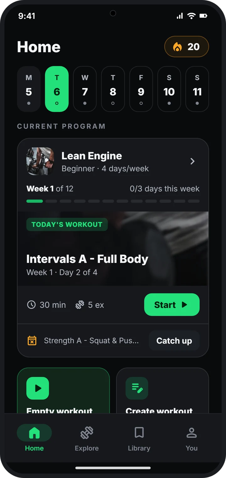 LiftHard home screen showing the current program and today's workout