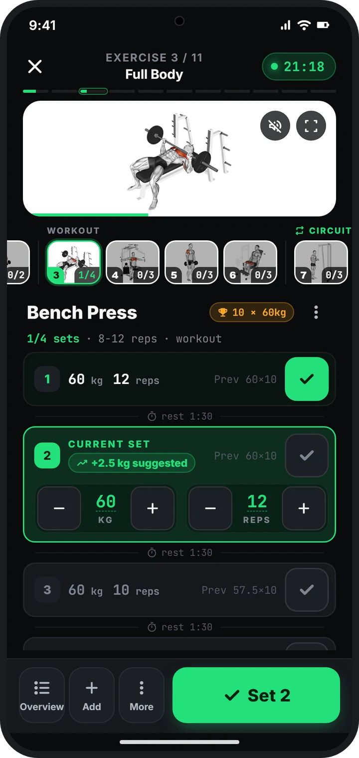 Active workout screen logging bench press sets